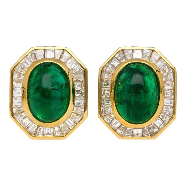 Mouawad Signed Vivid Cabochon Emeralds & Baguette Diamond Halo Clip on Earrings – 2 Pieces
