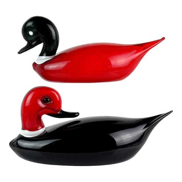 Murano Vintage Red Black White Italian Art Glass Male Female Decoy Duck Bird Sculptures – A Pair