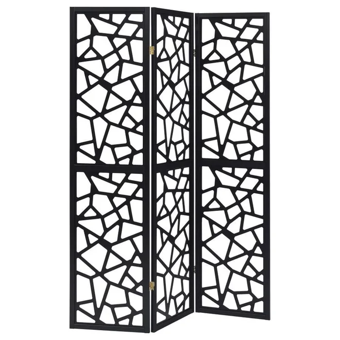 Nailan – 3-Panel Folding Room Divider Screen in Black – Open Mosaic Design, Solid Wood Frame, Modern Mid-Century Style Privacy Partition