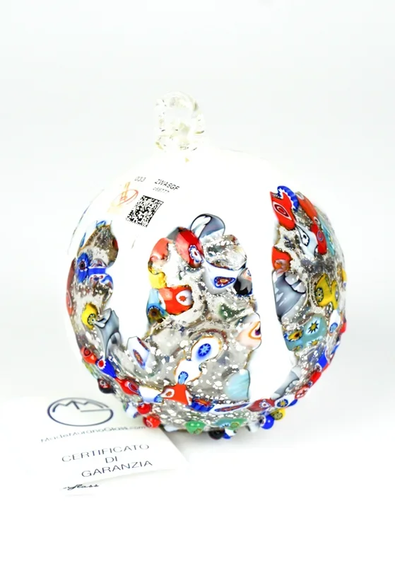 Natalia – Palla Di Natale Millefiori Bianco Argento In Vetro Soffiato