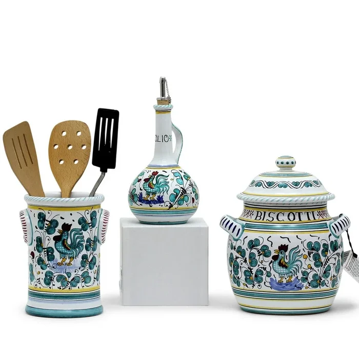 ORVIETO GREEN ROOSTER: Bundle with Utensil Holder + Olive Oil Dispenser + Biscotti Jar