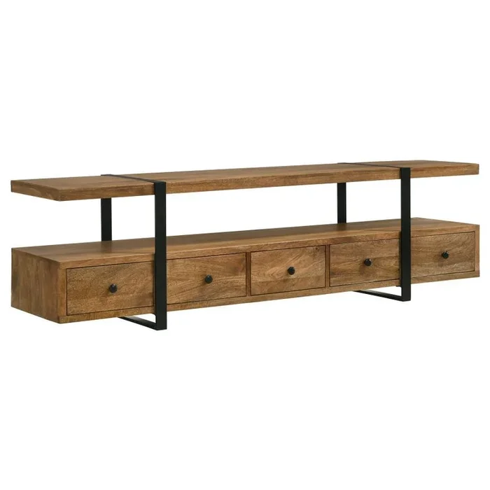 Otto 5-Drawer Mango Wood TV Stand Media Console in Brown with Gunmetal Legs, Floating Shelf, Contemporary Storage for TVs up to 75″, Modern Living Room