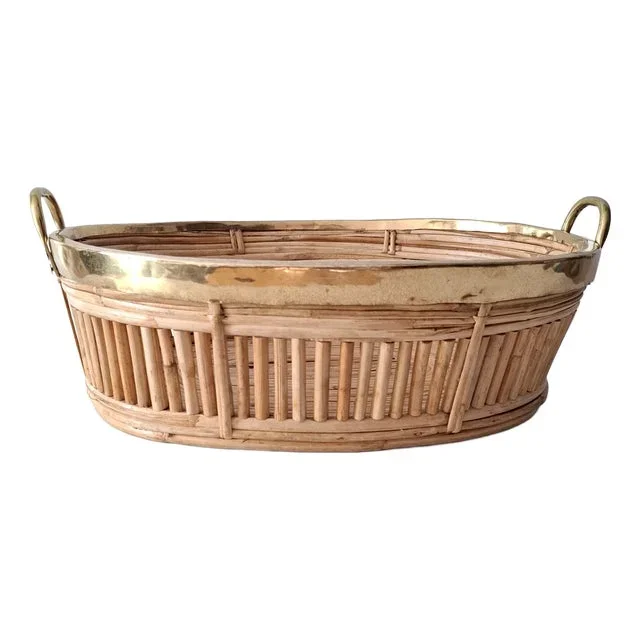 Oval Serving Basket in Rattan and Brass by Gabriella Crespi, 1970s