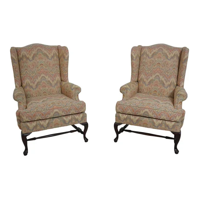 Pair Harden Cherry Flame Stitched Wing Chairs