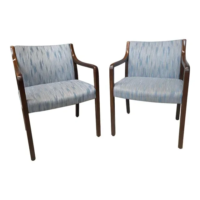 Pair Late 20th Century Gunlocke Oak and Upholstered Armchairs