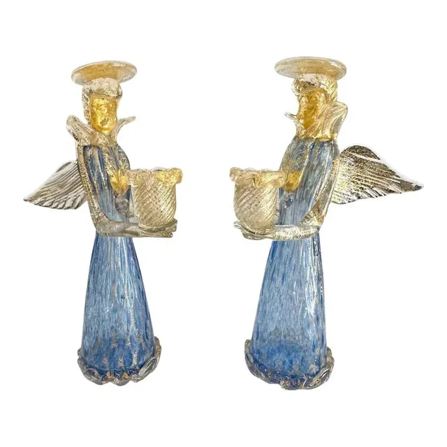 Pair Murano Venetian Blue & Gold Glass Angel Candle Holders