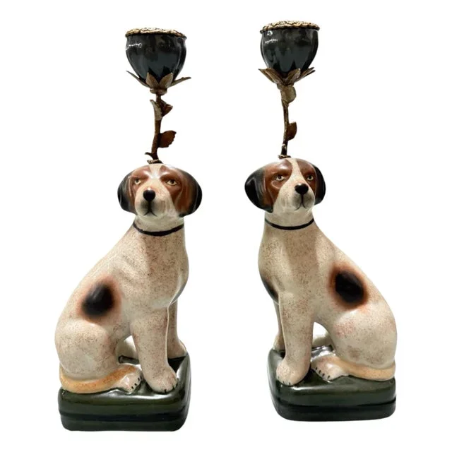 Pair of Beagle Dog Ceramic Candleholders