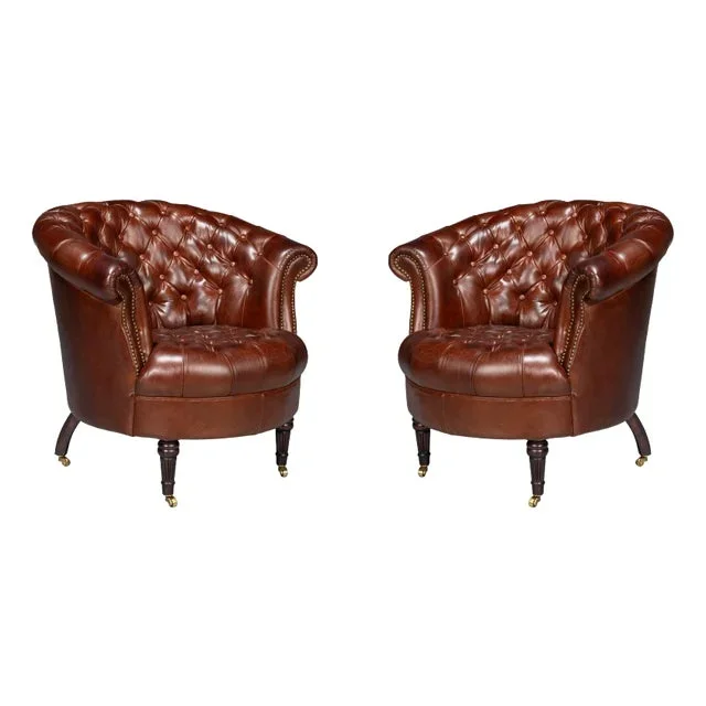 Pair of Brown Leather Barrel Back Chairs
