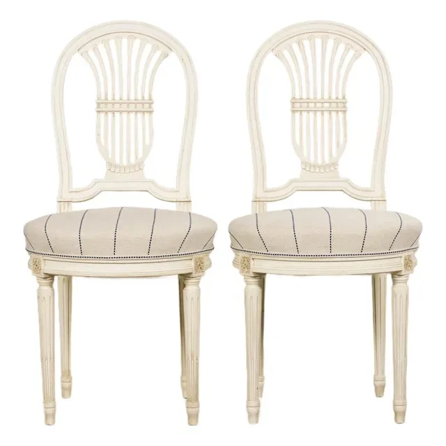 Pair of French Louis XVI Neoclassical Style Painted Lyre Back Accent Chairs in Blue Stripe