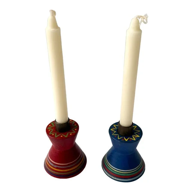 Pair of Hand-Painted Wooden Italian Folk Art Candlesticks