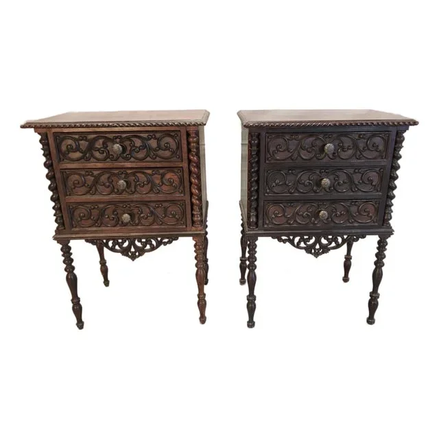 Pair of Vintage French Hand-Carved Nightstands