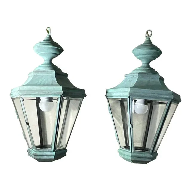 Pair of Vintage Handcrafted Brass Hanging Lanterns