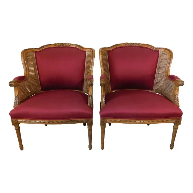 Pair Vintage Century Furniture French Bergere Caned Accent Chairs