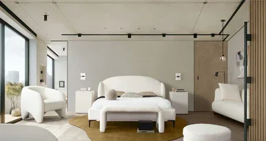 Path Low Profile Eastern King Bed in Oslo Ivory Fabric w/ Contoured Headboard and Black Metal Leg / PATHWHEKBED
