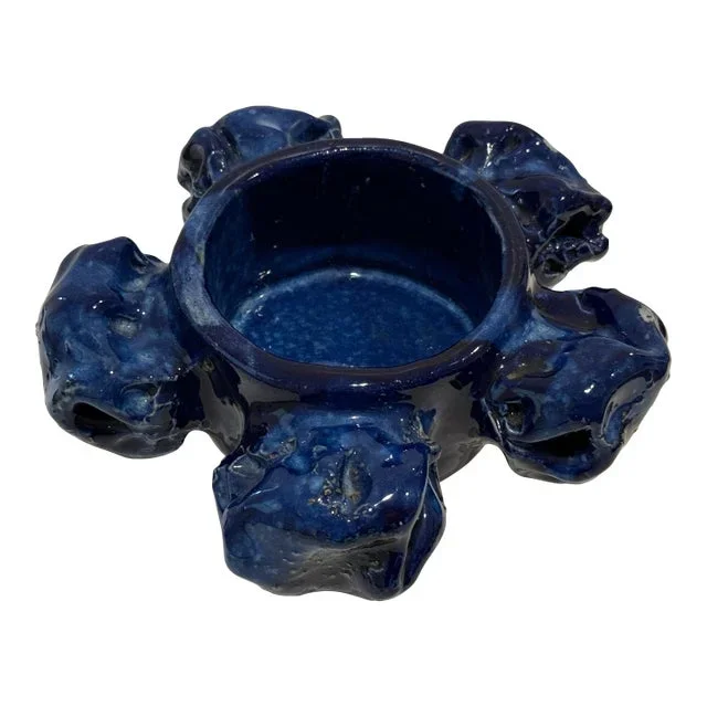 Pentik Finland “Kaamoskivi” Candle Holder by Anu Pentik – 1970s Handmade Sculptural Ceramic, Blue Glaze