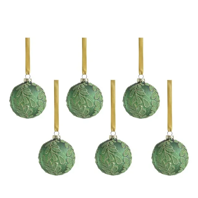 Phyllon 6-Piece Beaded Leaf Pattern Glass Ball Ornament Set, 3.25″
