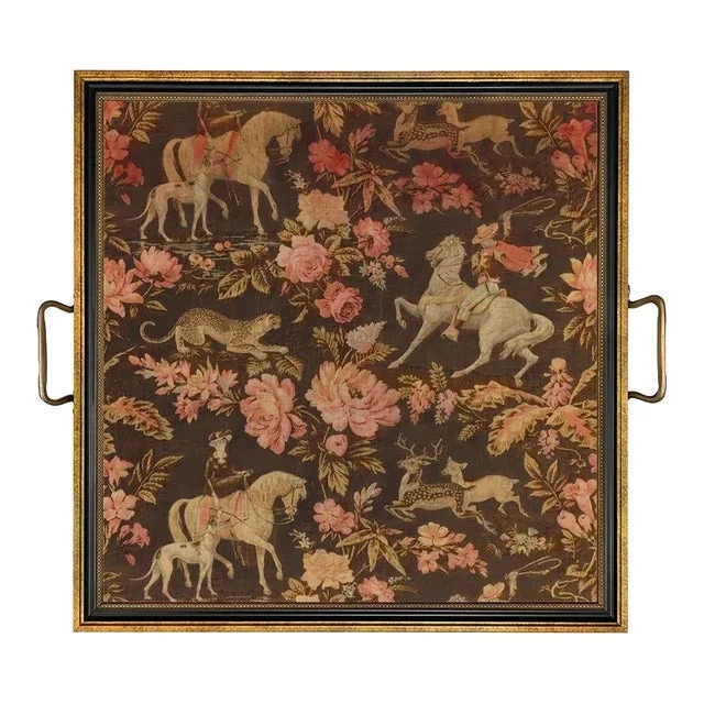 Pink and Brown Equestrian Textile Print Decorative Tray With Brass Handles, 17-1/2 X 17-1/2″