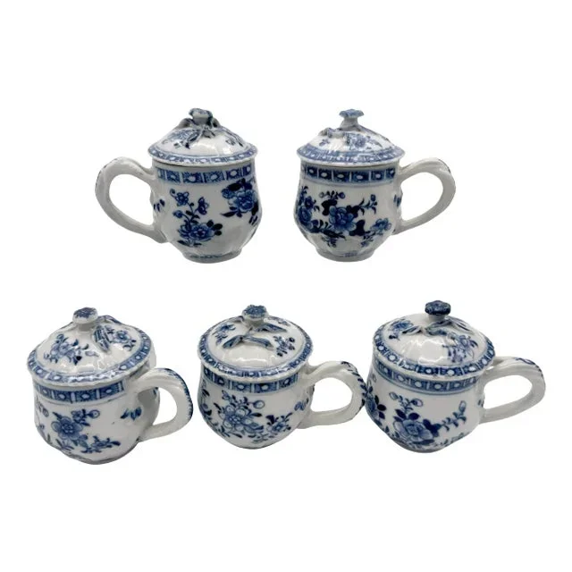Qing Dynasty, Qianlong Blue & White Floral Syllabub Cups & Covers – Set of 5
