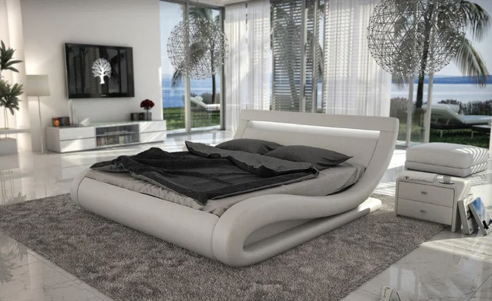 Queen Corsica Contemporary White Bed With Headboard Lights