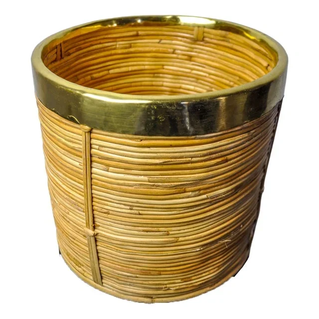 Rattan and Brass Book Holder Basket, Italy, 1970s