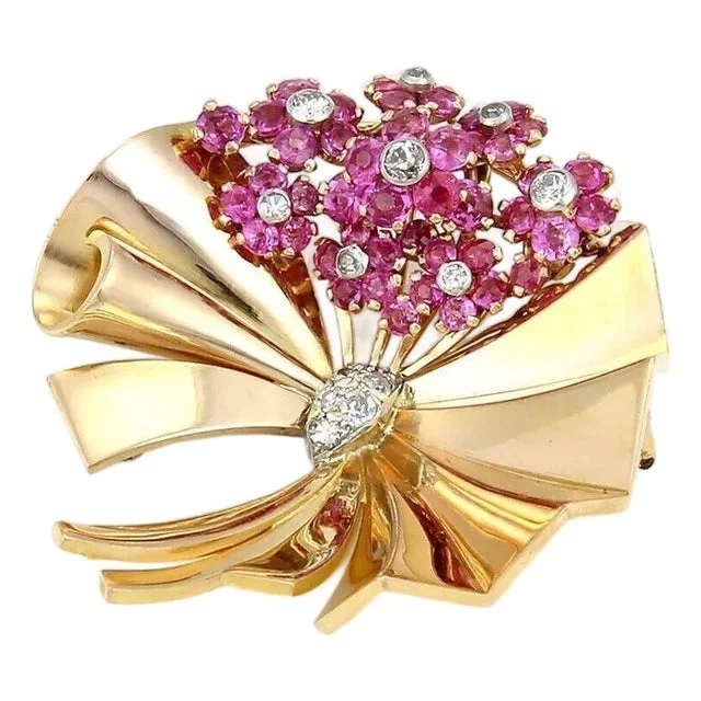 Retro 2.40ct Rubies & Diamonds Fancy Flower 14k Rose Gold Pin Brooch