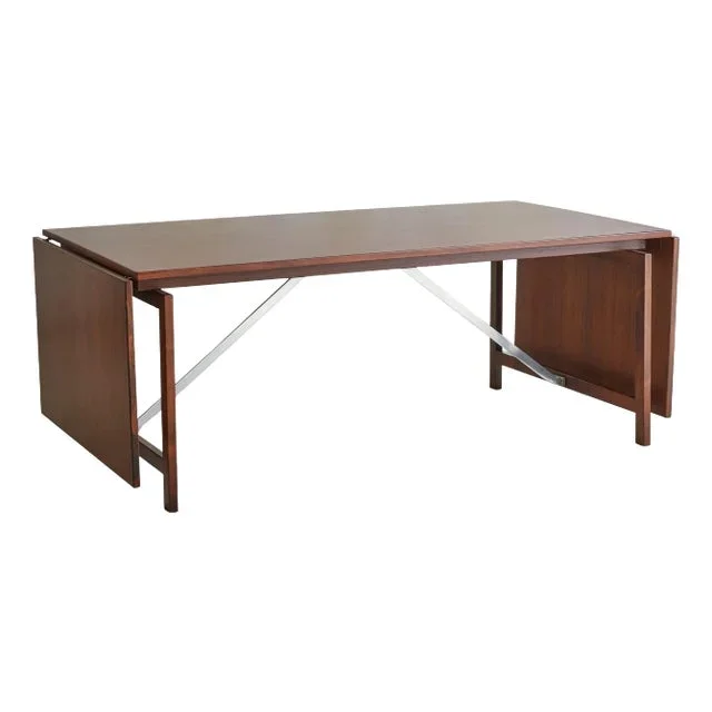 Rosewood + Metal Dining Table with Drop Leaves Attributed to Hans Wegner