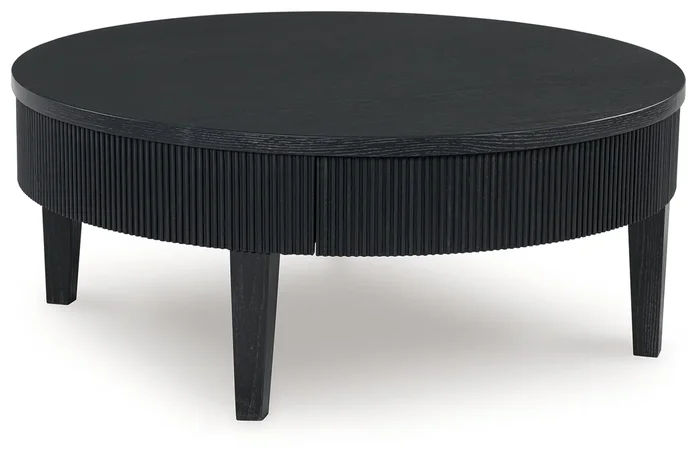 Round Coffee Table with 2 Drawers and Reeded Apron