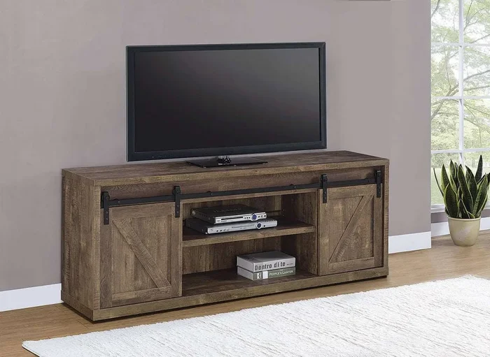 Rustic Oak 71 Inch Tv Console w/ Sliding Barn Doors