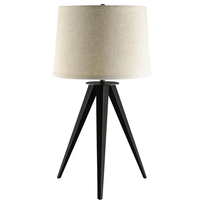 Sabat – Empire Shade Tripod Table Lamp in Black – Modern Minimalist Design with Gray Fabric Drum Shade, Three-Leg Base, Ideal for Bedside or Accent Tables