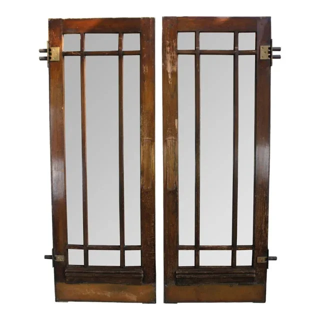 Set of 2 Reclaimed Mid-Century Oak Mission Craftsman Beveled Glass French Swing Double Doors