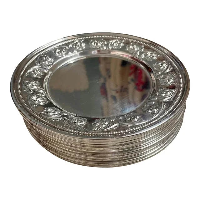 Set of 6 Sterling Silver Art Nouveau Repousse Bread Dishes