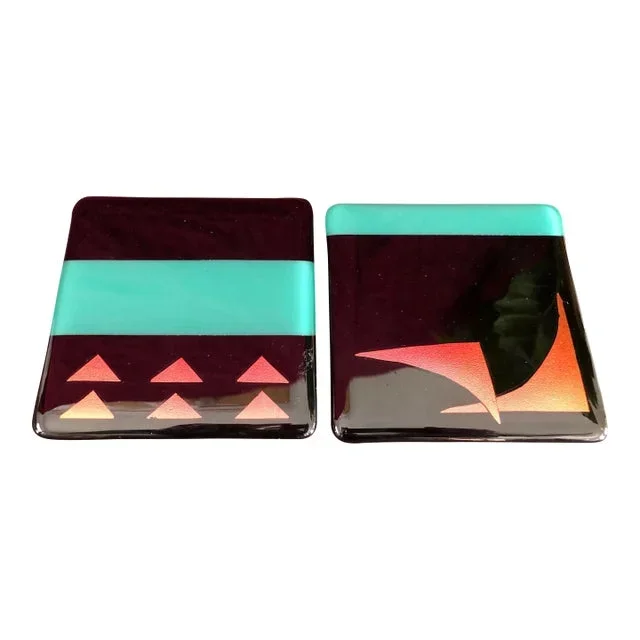 Signed Laurie Burns Original Art Glass Trivet Wine Rest- Set of 2
