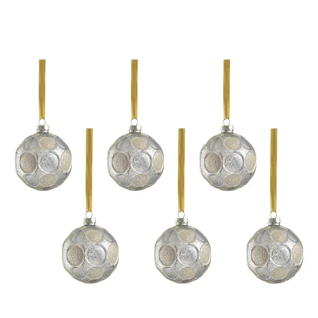Silver Matte Frosted Serenity Glass Ball Ornaments with Gold Glitter – Set of 6, 3.25″