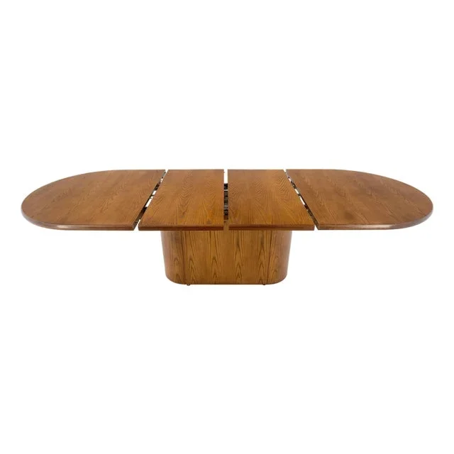 Single Pedestal Base Oval racetrack Shape Two Leaves Cerused Oak Dining Table