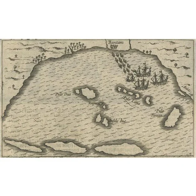 Small Map of Bantam with Dutch Ships and Portugese Engraving, 1614