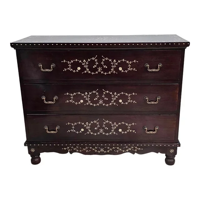 South East Asian Handcrafted Bone Marquetry Rosewood Chest of Drawers