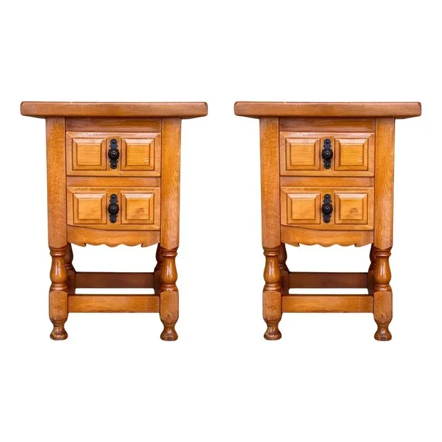 Spanish Narrow Nightstands with 2 Drawers, 1950s, Set of 2