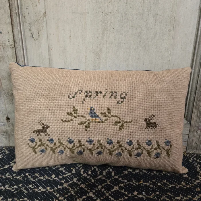 Spring Bunnies and Birds Cross Stitch Pillow