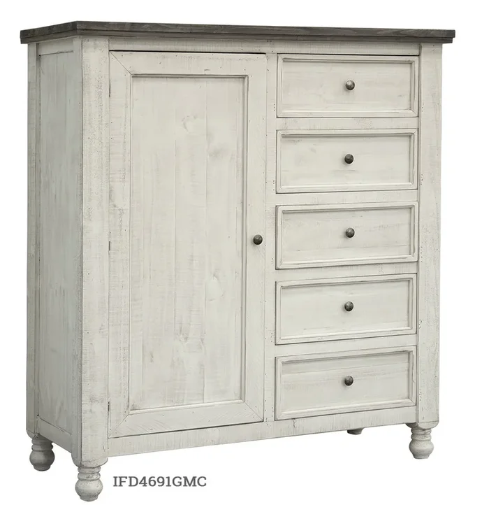 Stone – Chest With 5 Drawer / 1 Door – Antiqued Ivory / Weathered Gray