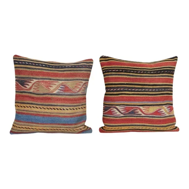 Striped Design Turkish Anatolian Kilim Pillow Cover – a Pair