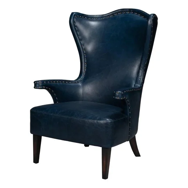 Traditional Blue High Back Leather Wing Chair