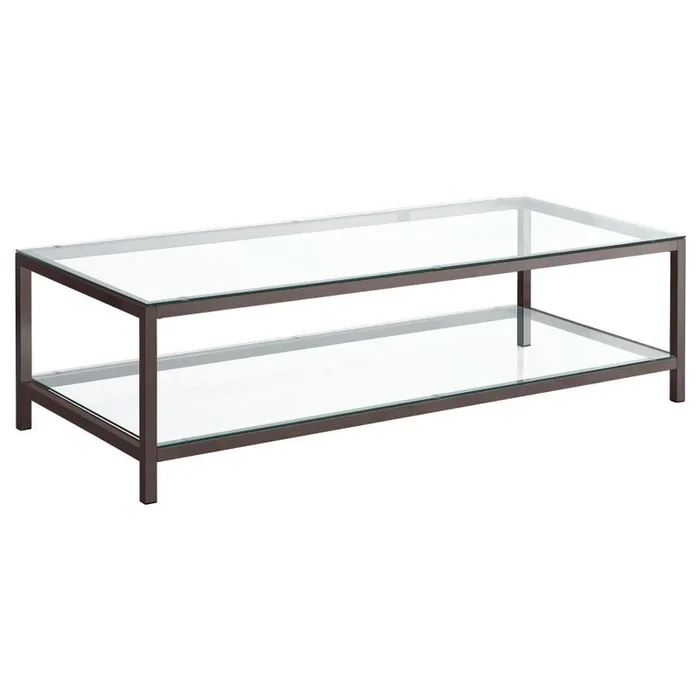 Trini 1-Shelf Glass Top Coffee Table – Black Nickel Frame, Tempered Glass, Modern Storage & Display for Living Room