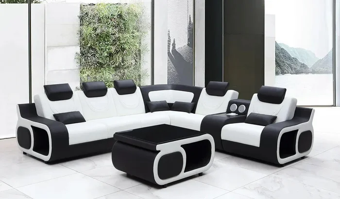 Tron Black/White Italian Leather RAF Sectional