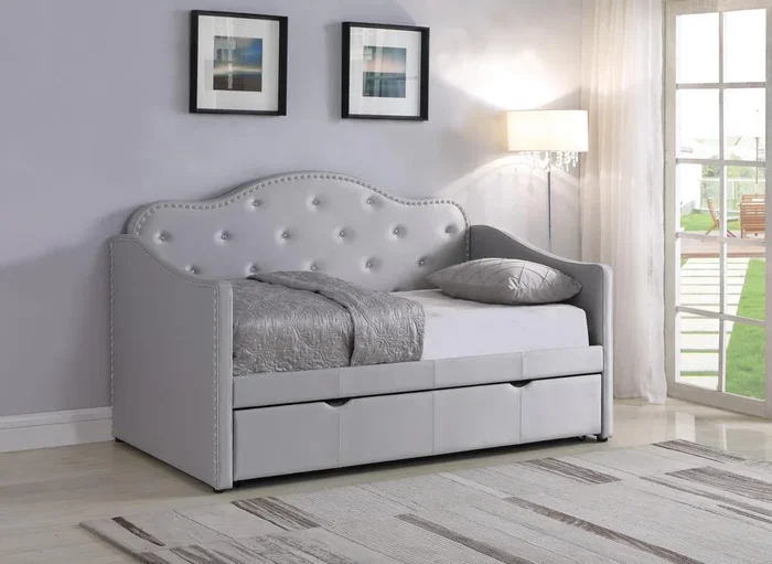 Upholstered Twin Day Bed With Trundle – Pearl Silver