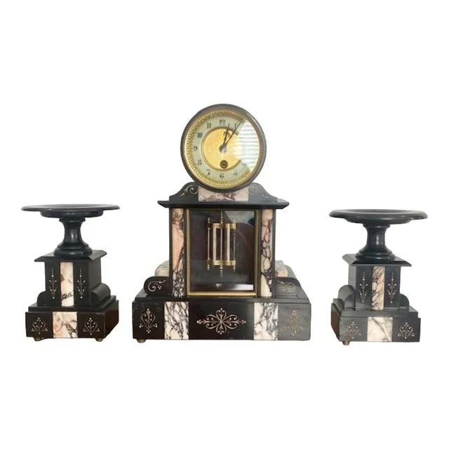 Victorian Black Marble Clock Garniture, 1860s, Set of 3