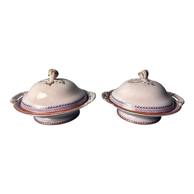 Victorian English Porcelain Tureens Pair of Transferware Decoration and Gilt Accents