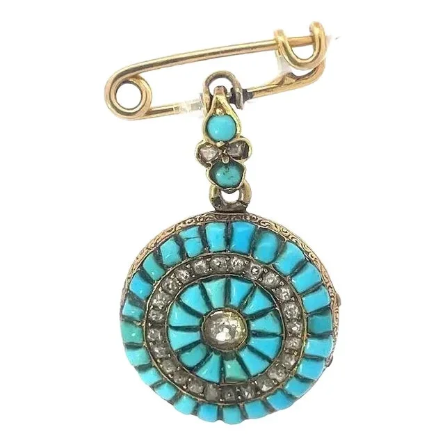 Victorian Rose Cut Diamond Brooch Mermaid 18k Yellow Gold Turquoise Dangle Style