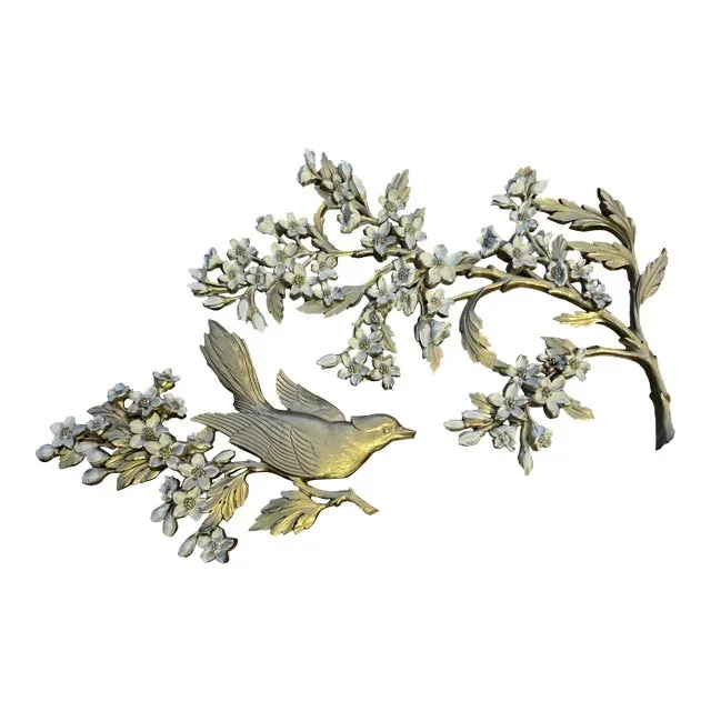 Vintage 1960s Gold Bird Dogwood Wall Hanging- 2 Pieces