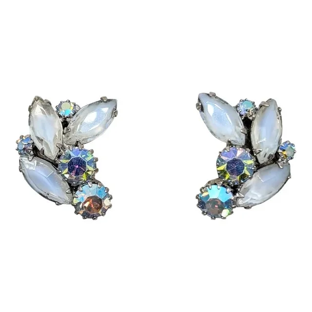 Vintage 1960s Signed Weiss Givre & Blue Aurora Borealis Clip Earrings-2 Pieces