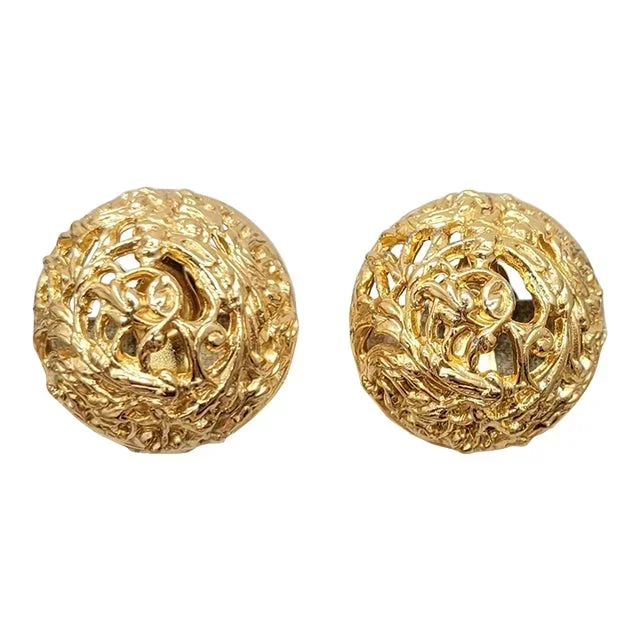 Vintage 1970s Signed Napier Round Domed Goldtone Filigree Clip Earrings- 2 Pieces